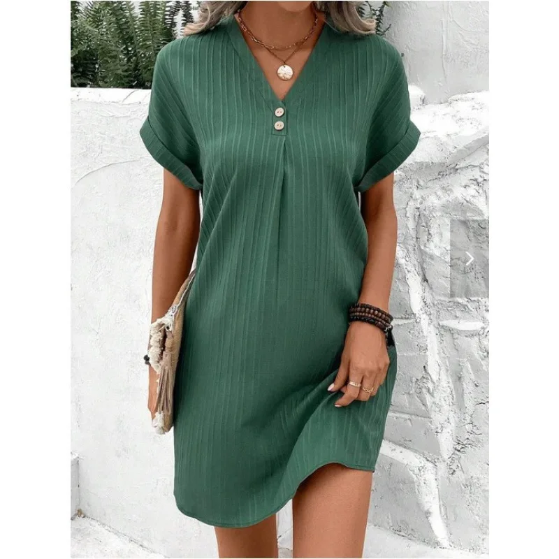 

2025 Summer Women's V-neck Dress Short Sleeve Button Pullover Solid Color Stylish Elegant Comfortable Casual Mini Skirt