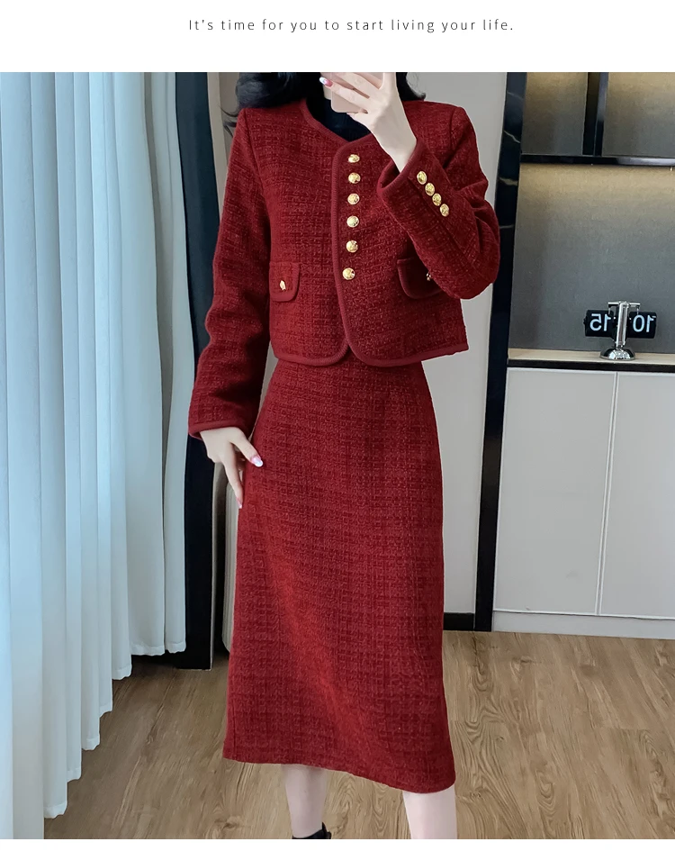 Francese Vintage Tweed due pezzi Set donna giacca corta cappotto + aderente gonna sottile abiti autunno inverno elegante OL 2 pezzi abiti