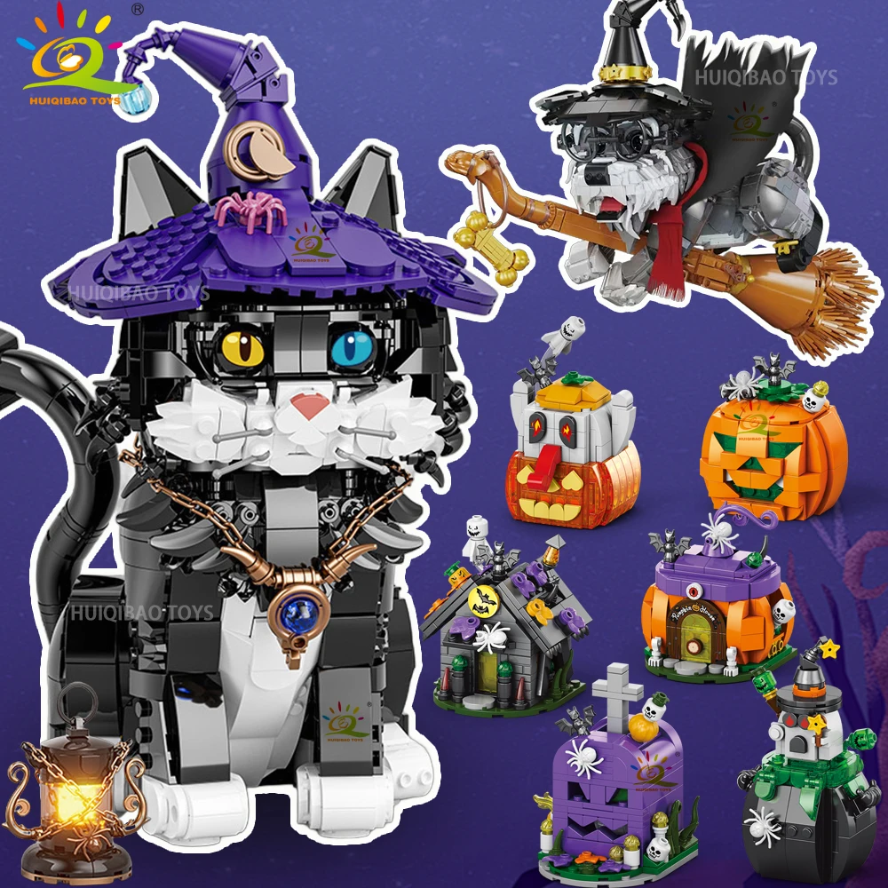 HUIQIBAO Halloween assistant chat chien fantômes maisons citrouilles modèle bloc de construction bricolage maison hantée chauve-souris briques jouets pour cadeau adulte