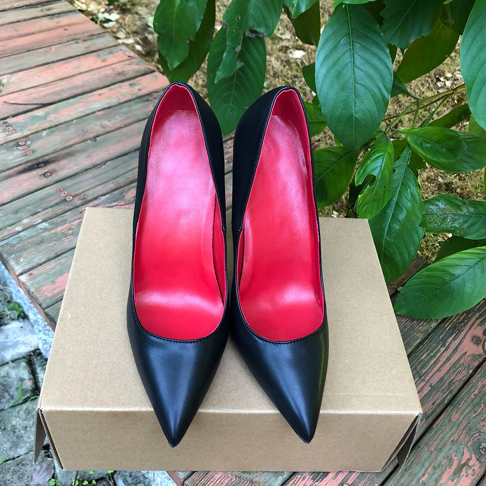 Heelgoo 12cm High Heel Black Matte Women Pointy Toe Stiletto Pumps OL Ladies Sexy Red inside Elegant Slip On Dress Shoes Size46