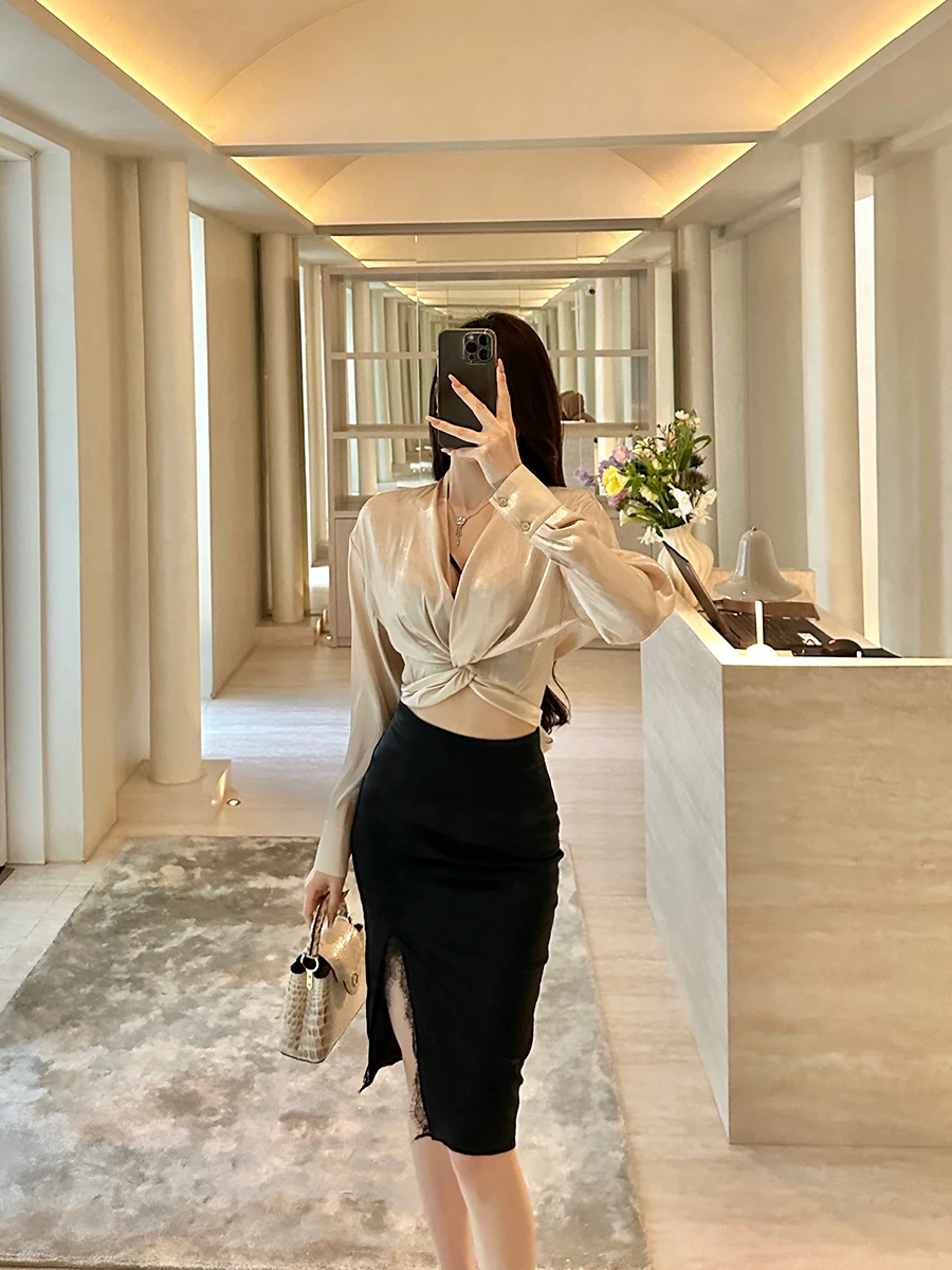 

Цвет шампанского, свободный длинный све V-Ne, летний тонкий повседневный универсальный топ, женский дизайн с завязкой на талии, дышащий, удобный