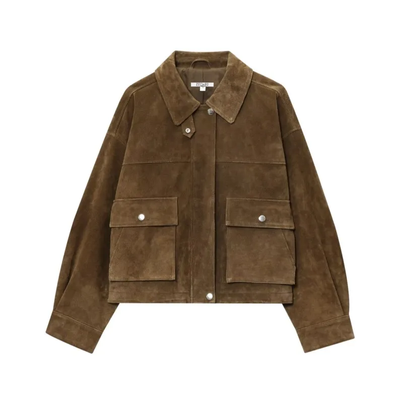 

Women Leather Jacket with Button Fashion Autumn Laple Collar Long Sleeve Pcoket Short Jacket Causal Female Jacket