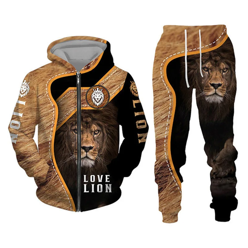 Herren Reißverschluss-Hoodie Trainingsanzug mit 3D-Grafikdruck Löwenkönig Langarm-Sweatshirt Jogginghose Locker Sitzend Herbst Winter Hip-Hop Alltagskleidung – Detail 5
