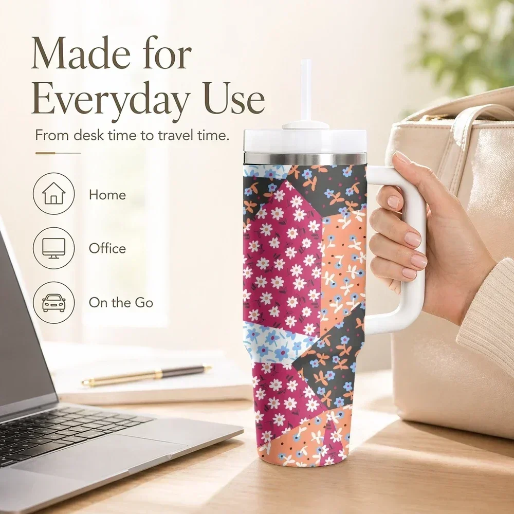 Floral Abstract Minimal Modern Vacuum Flasks 40oz Stainless Steel Insulated Tumbler with Handle Straw Cup Daily Travel Mug
