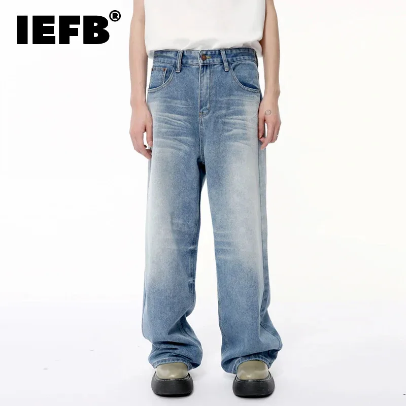 IEFB New Fashion Men's Denim Pants Droop Worn-out Washing Wide Leg Jeans Vintage Loose Straight Male Trousers Autumn 9C6395