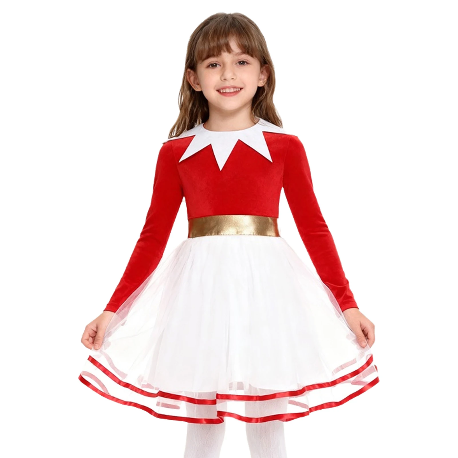 

Kids Girls Christmas Elf Dress Long Sleeves Velvet Bodice Color Block Tulle Dress with Hat Xmas Princess Ballet Dance Dress