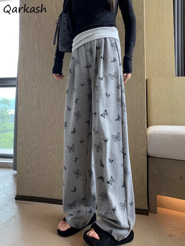 Casual Pants Women Elastic Waist Slender Wide Leg Drape Baggy Printed Bufferfly All-match Casual Korean Fashion Streetwear Daily