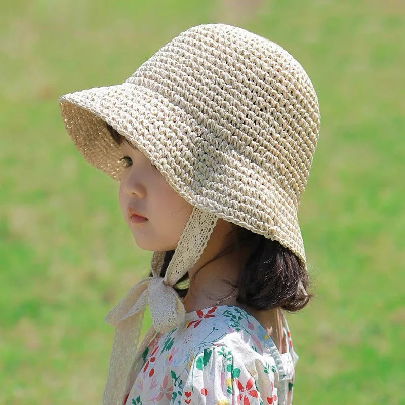 Sombrero de paja con lazo para bebé, gorro de Panamá para niña, gorros de playa de princesa, gorros para niños, gorros