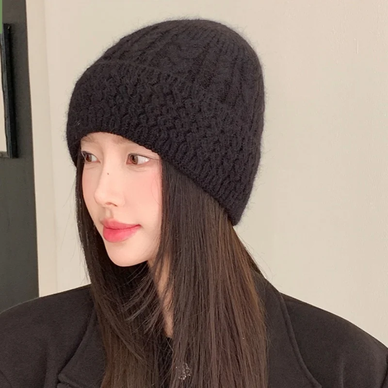 

Warm Rabbit Fur Knit Hat Cable-Knit Texture with Fleece Lining Thickened Pullover Beanie Women's Versatile Ear-Warming Wool Hat