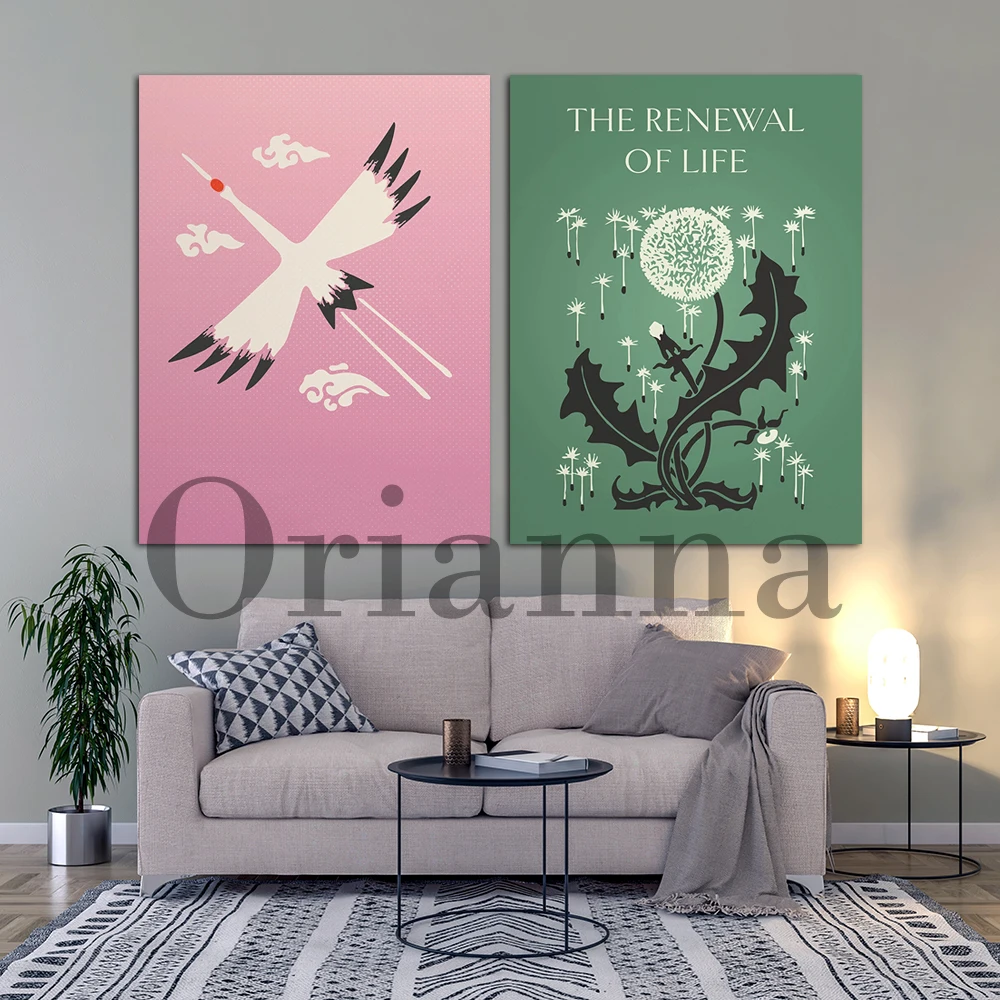 The Renewal Of Life Plant Dandelion Red Crowned Crane Bird Art Wall Canvas Prints Poster Decor Painting Nature Lover Gift