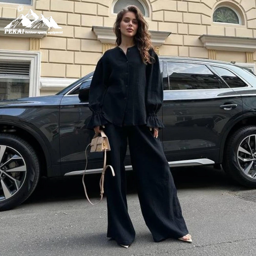 

Кардиган с длинными рукавами, широкие брюки, осенний комплект с рукавами-фонариками, комплект из чистого хлопка