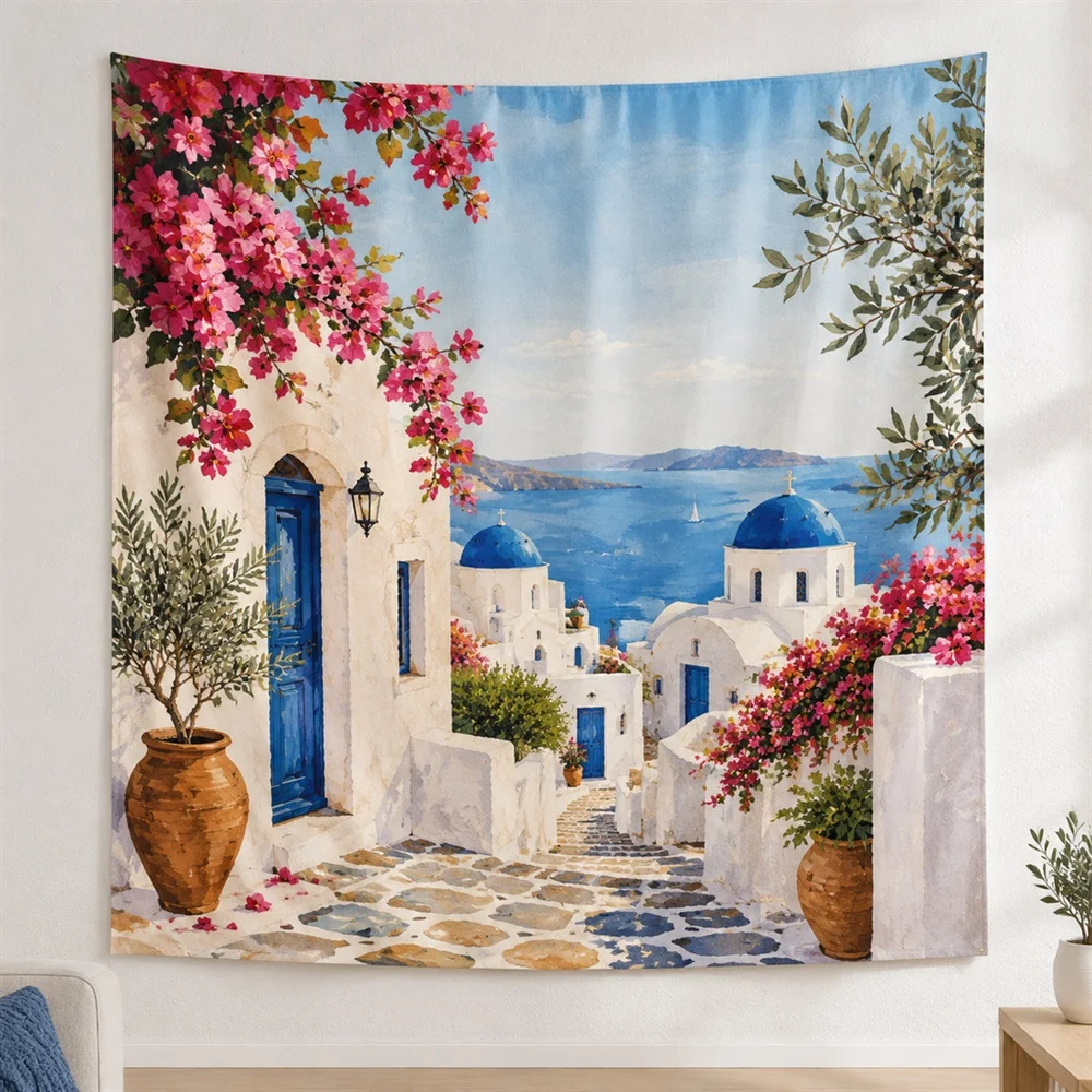VIKAMA Blue White Village Clustered Groups Tapestry Wall Hanging, Mediterranean Wall Decor Tapestries for Living Room Bedroom