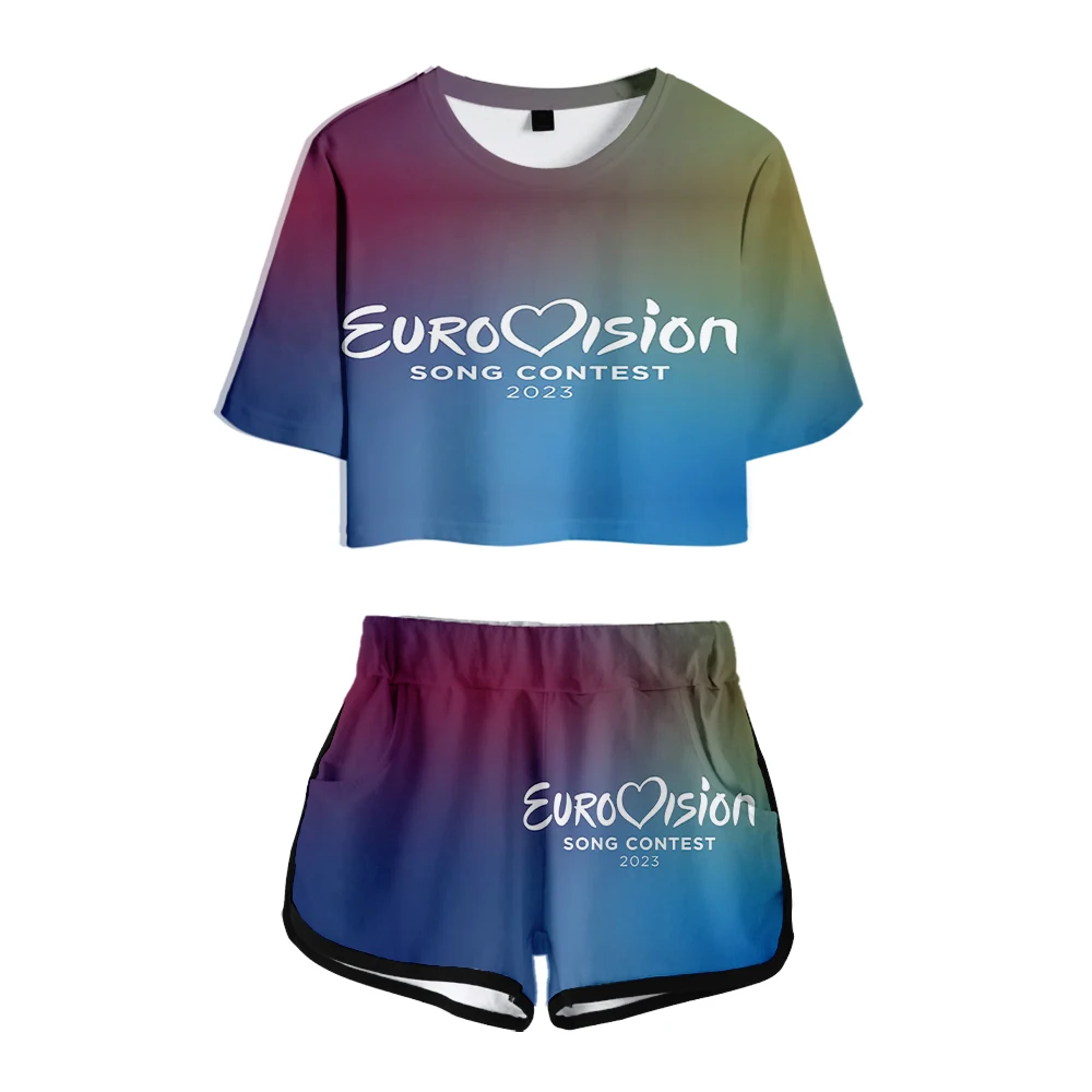 Loreen 2023 EUROVISION SONG CONTESTmidriff-baring 세트, 프린트 짧은 티셔츠, 체육관 세트, 스트리트 웨어, 팝 짧은 바지