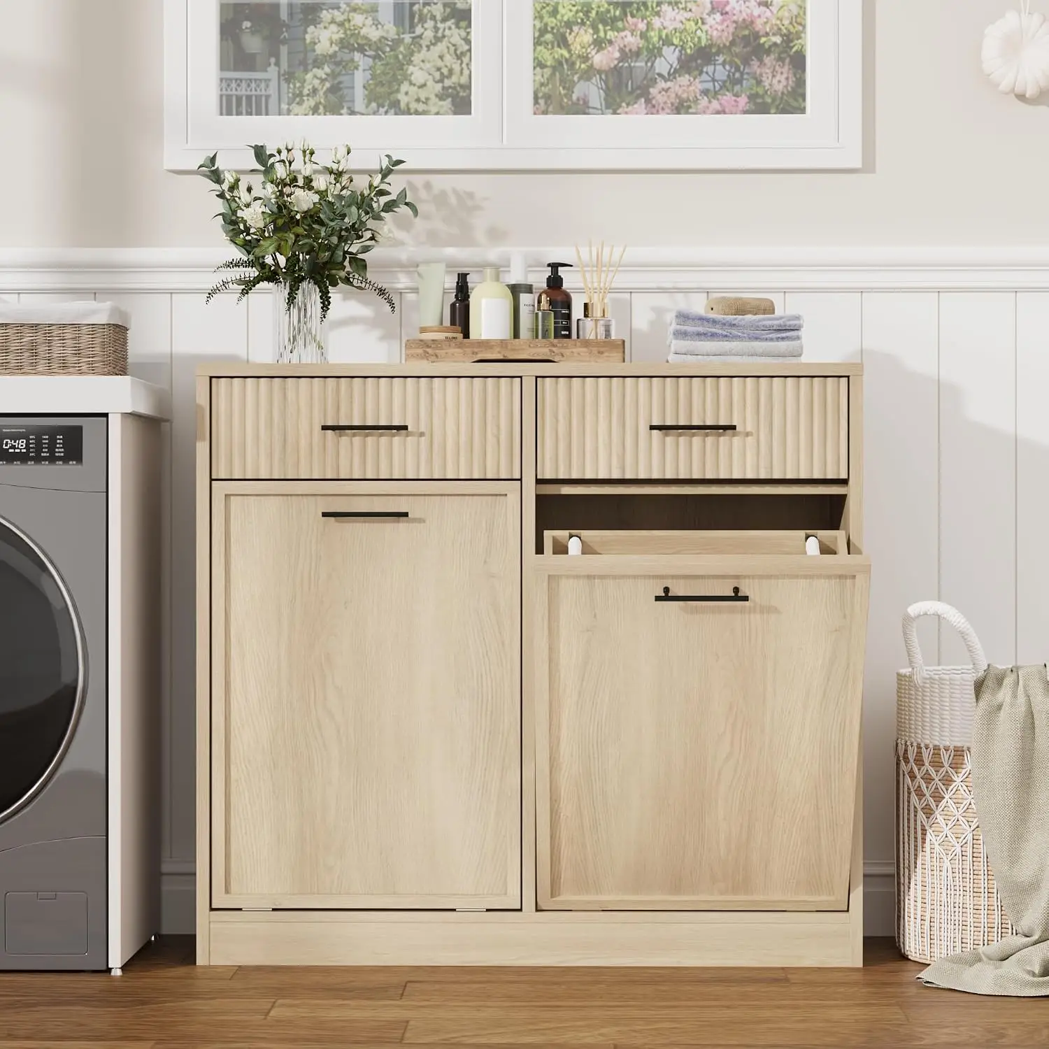 Fluted Double Tilt Out Laundry Hamper Cabinet, Trash Can Cabinet, Customized