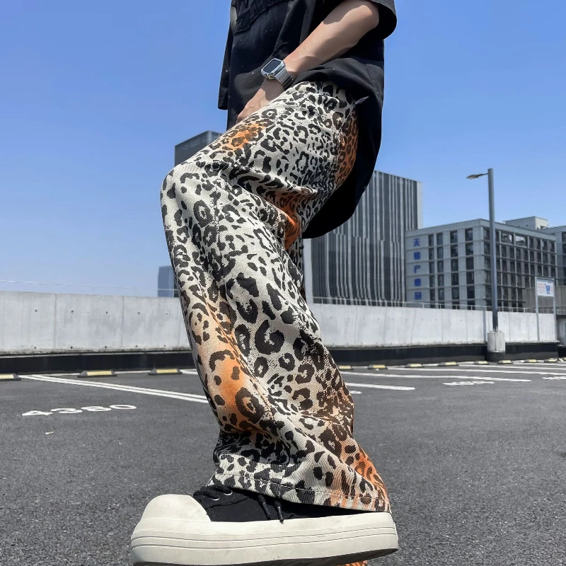 OIMG Y2K Fashion Tie Dye Leopard Baggy Jeans Pants For Men Clothes Straight Gothic Long Trousers Pantalones Hombre