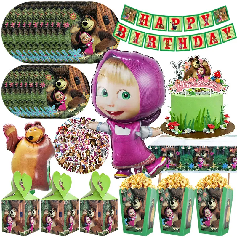 Artículos de decoración para fiesta de cumpleaños de niña, Masha y el Oso, globos, platos, vasos, vajilla, caja de papel, pancarta, recuerdos de la fiesta de Masha y el Oso