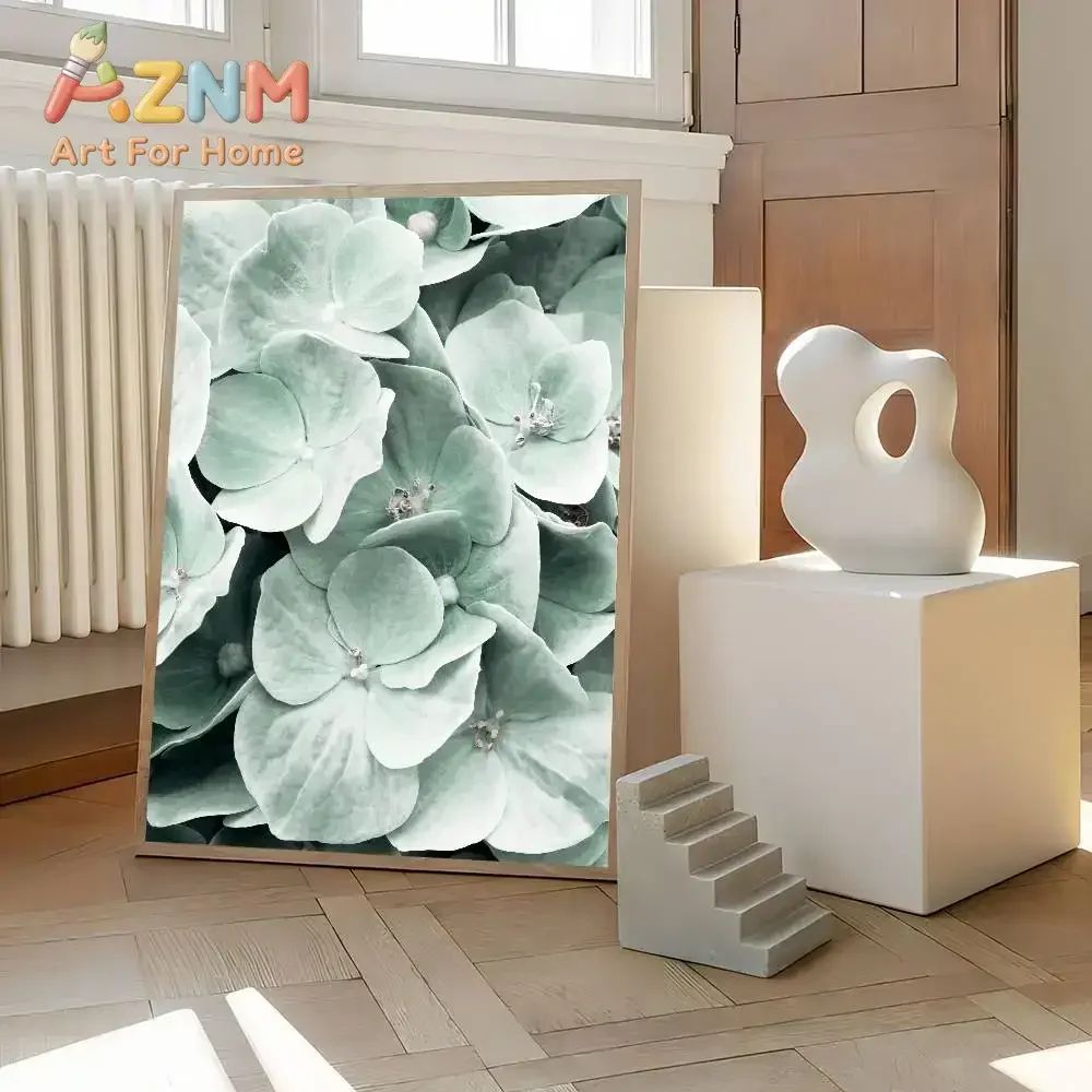 AZNM Mint Green Hydrangea Canvas Painting Frameless Wall Art Soft Floral Photography Poster Minimalist Home Decor Print