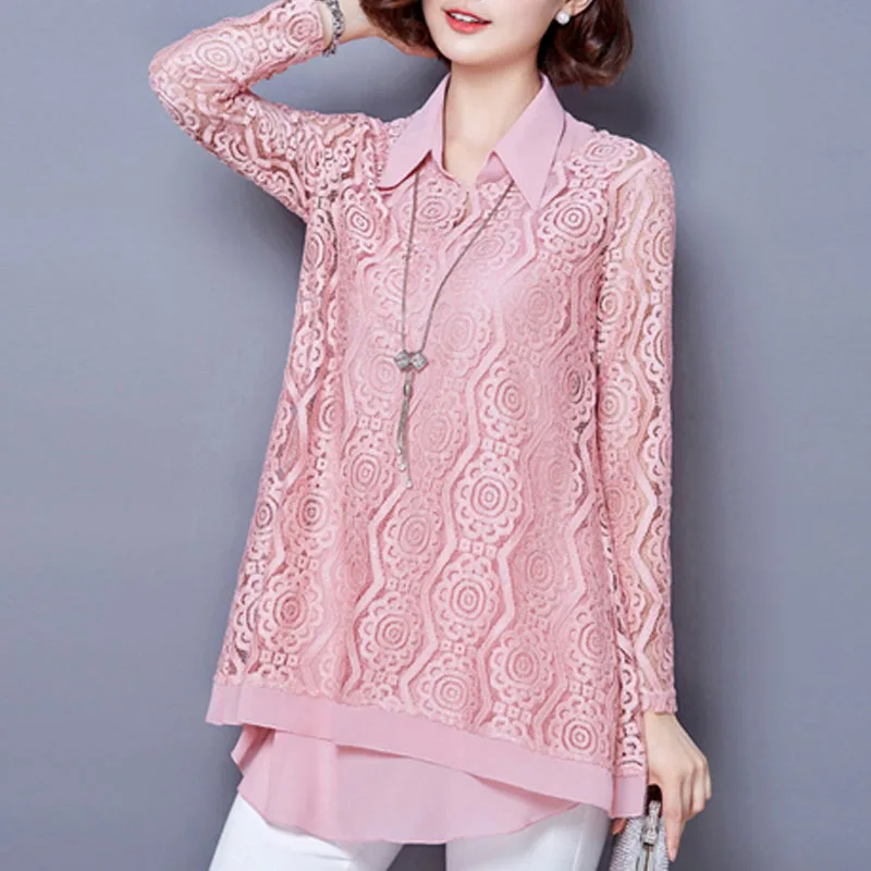 Elegant Women\'s Turn-down Collar Fashion Fake Two Pieces Chiffon Shirt Hollow Out Lace Long Sleeve Casual Blouse Female Clothing