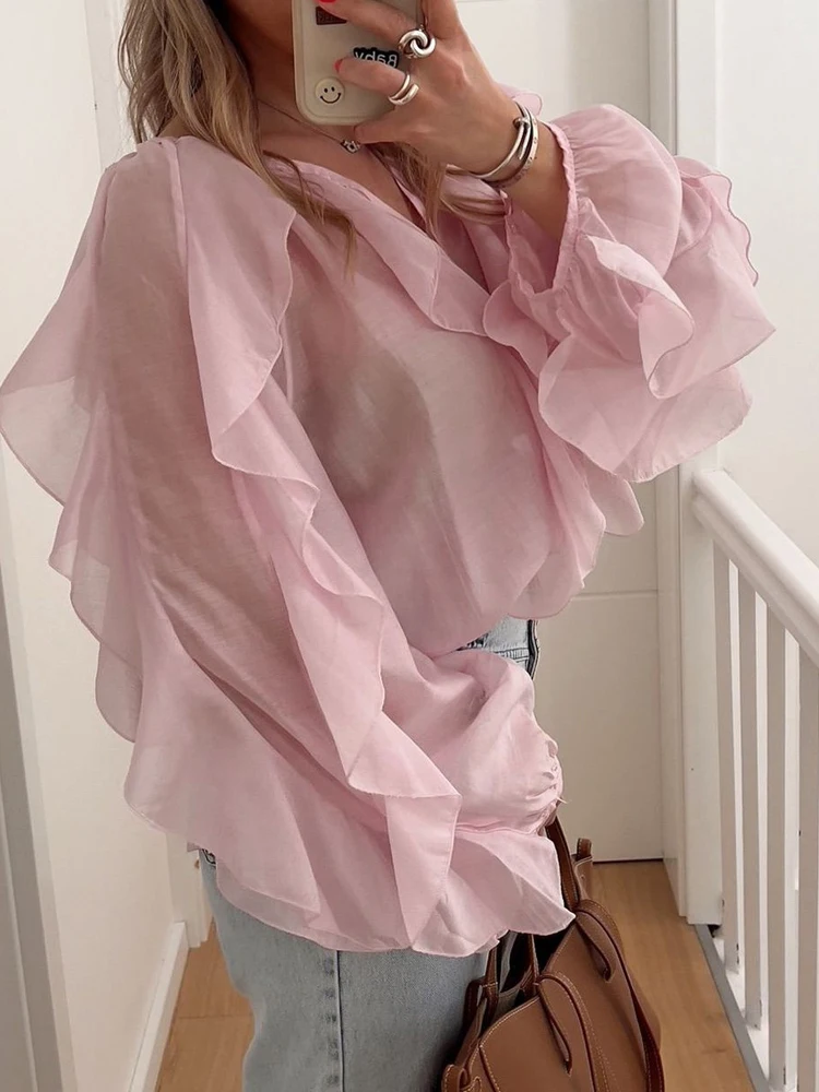 

Женская элегантная свободная блузка с v-образным вырезом и длинным рукавом, повседневные однотонные офисные топы, весенне-осенняя модная рубашка с рюшами и пуговицами