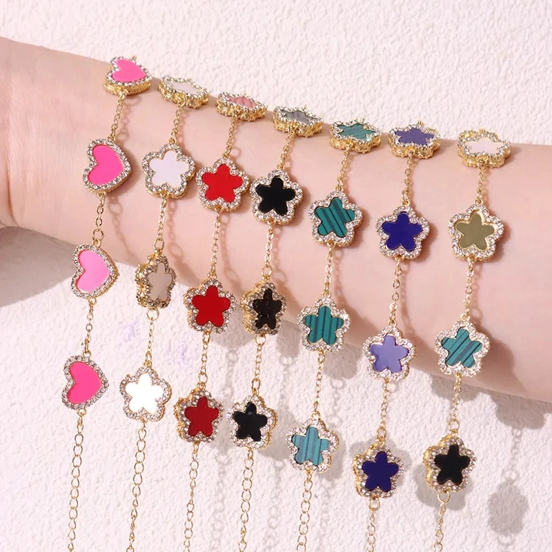 HUANZHI Rhinestone Flower Bracelets Colorful Star Adjustable Cuff Bangle Charm Wedding Party Vintage Jewelry New for Women