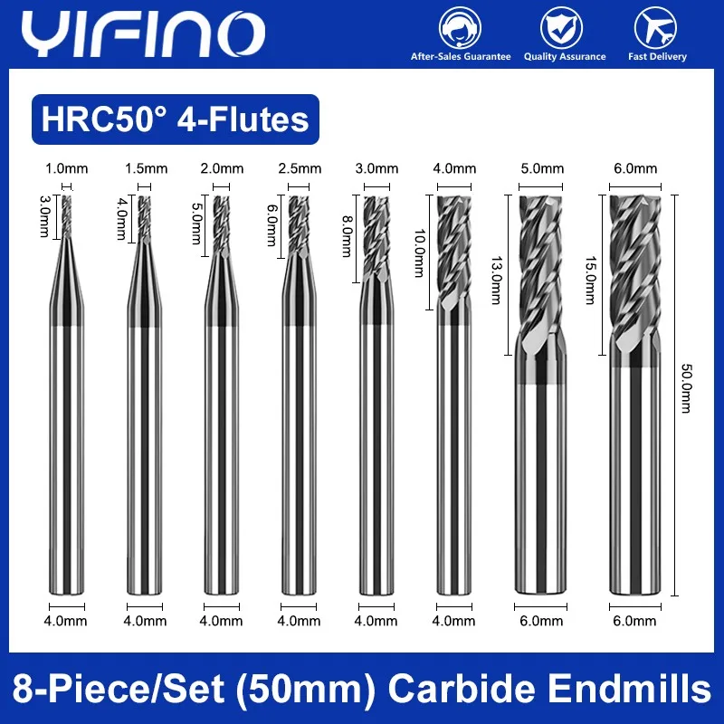 

YIFINO HRC50 1.0-6.0mm(8-Piece-Set) Milling Cutter Tungsten Steel Carbide For CNC Mechanical Machining Endmill Tools 50mm Length