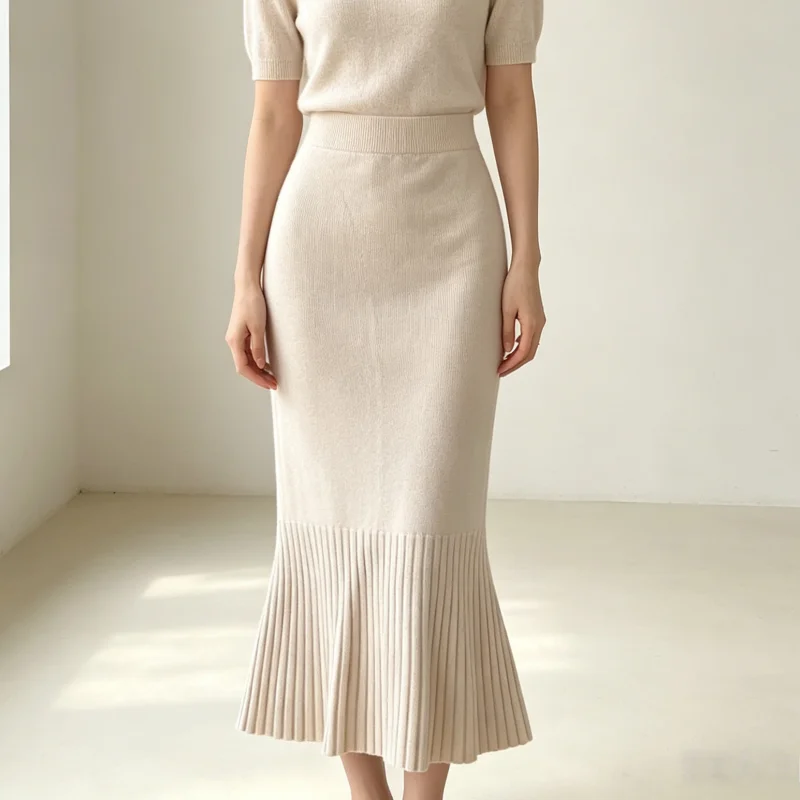 KAROFI Elegant Women High Waist Knitted Mermaid Skirt Solid Color Pleated Hem Slim Fit Mid-Length Skirt Office Daily Wear 679
