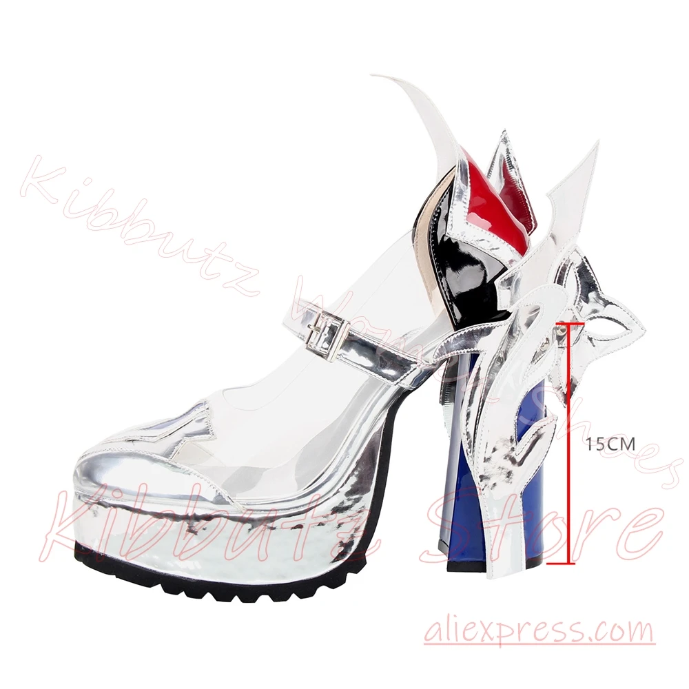 Mary Jane Pump Platform Block Heel Wing Shaped Buckle Strap Patent Leather Upper Alt Goth Fantasy Party Shoes Patchwork New Sexy