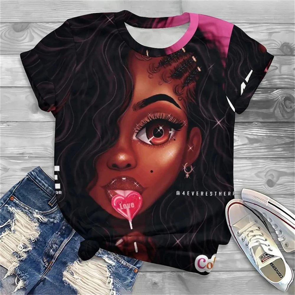 Fashion Women's T-Shirts Funny 3D Girl Print Tops Short Sleeve Tee Summer Africa Graphic Pullover Loose Harajuku Female Clothing