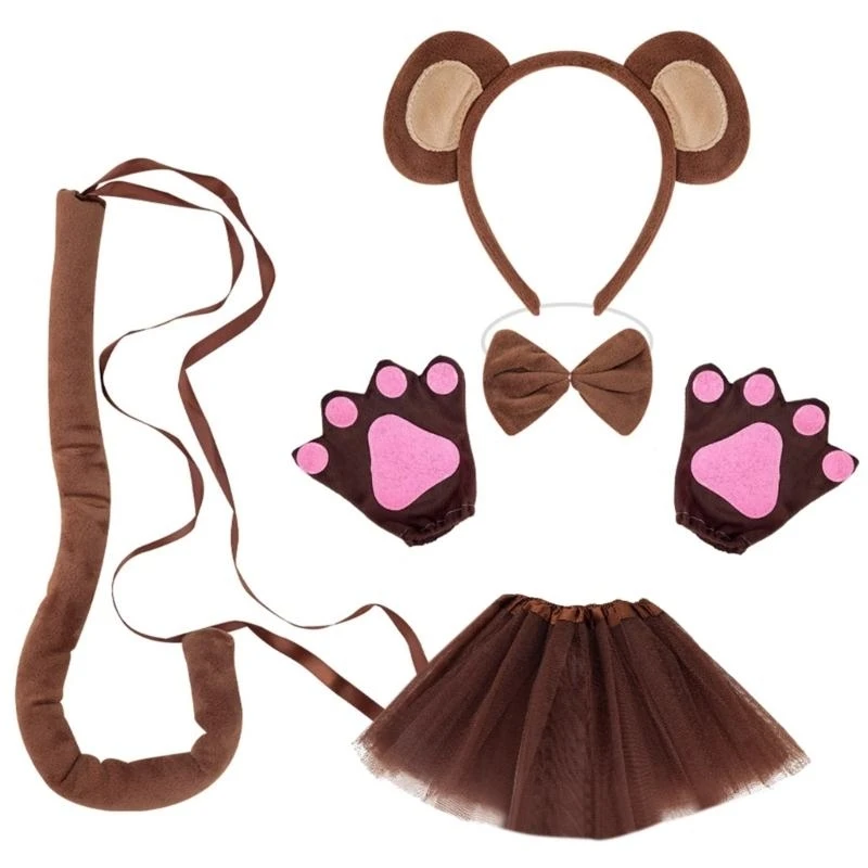 5ASD Halloween Monkey Costume Set con Monkey Tail Head Brove Glove e Skirt for Children Girl Halloween Dress Up