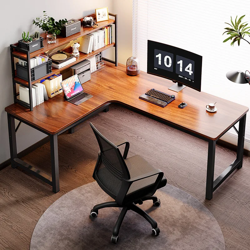 Corner writing desk Computer desk Desktop household double desk Bookshelf integrated table