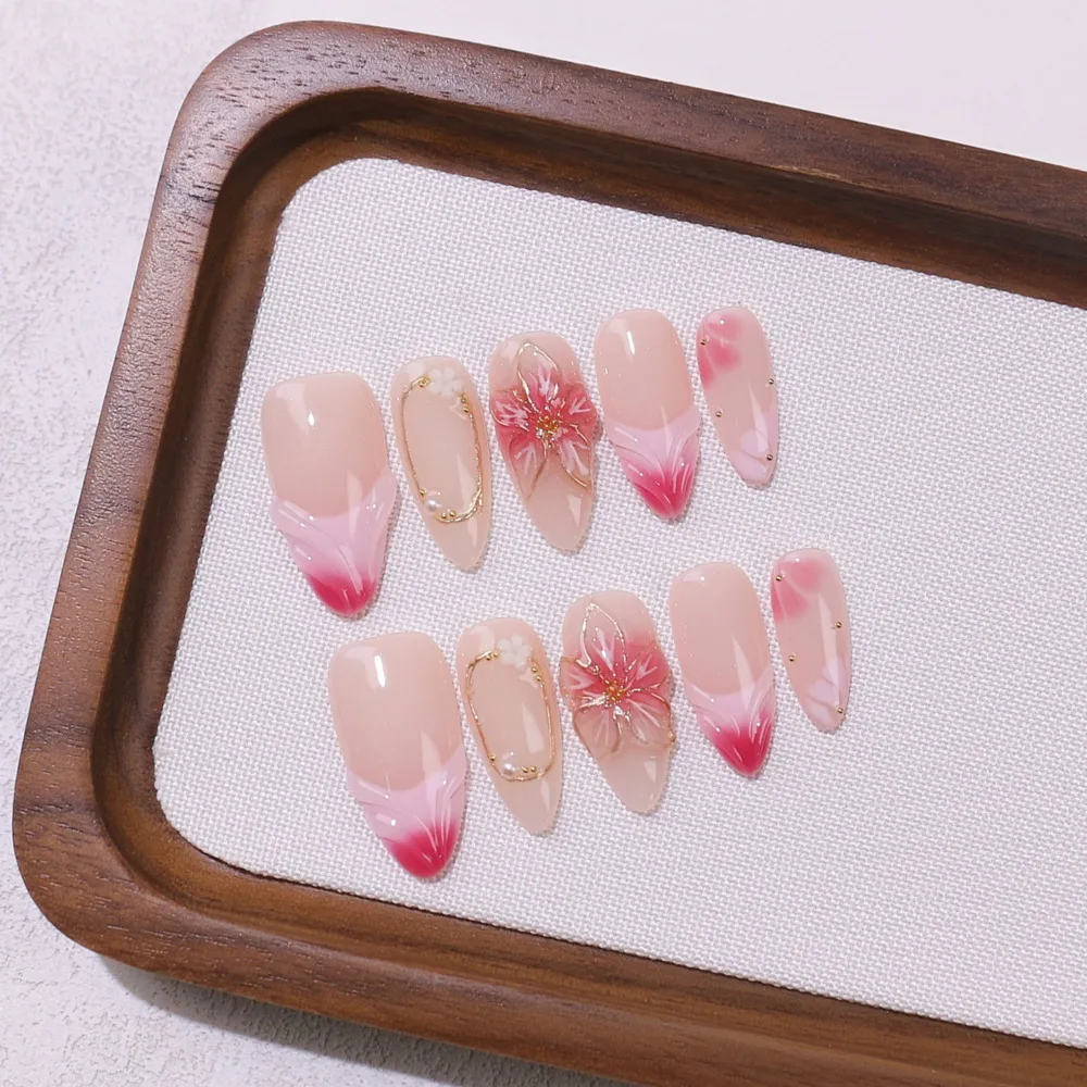 High-Quality Mid-Length Almond Handmade Press-On Nails Elegant Pink With Floral Carving 3D Design Removable Nail Stickers