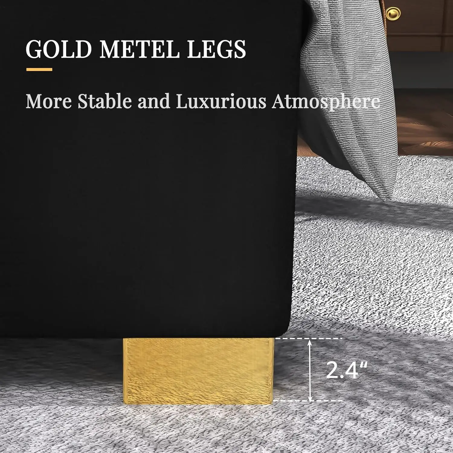 Marco de cama con plataforma tamaño King, cama tapizada de terciopelo de 65" con cabecero con ribete dorado/lamas de madera/no necesita somier/negro