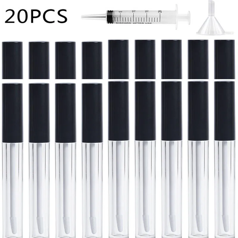 20/50pcs 10ml 립글로스 컨테이너 빈 리필 형 립글로스 튜브 주사기와 깔때기가있는 투명 플라스틱 립글로스 병