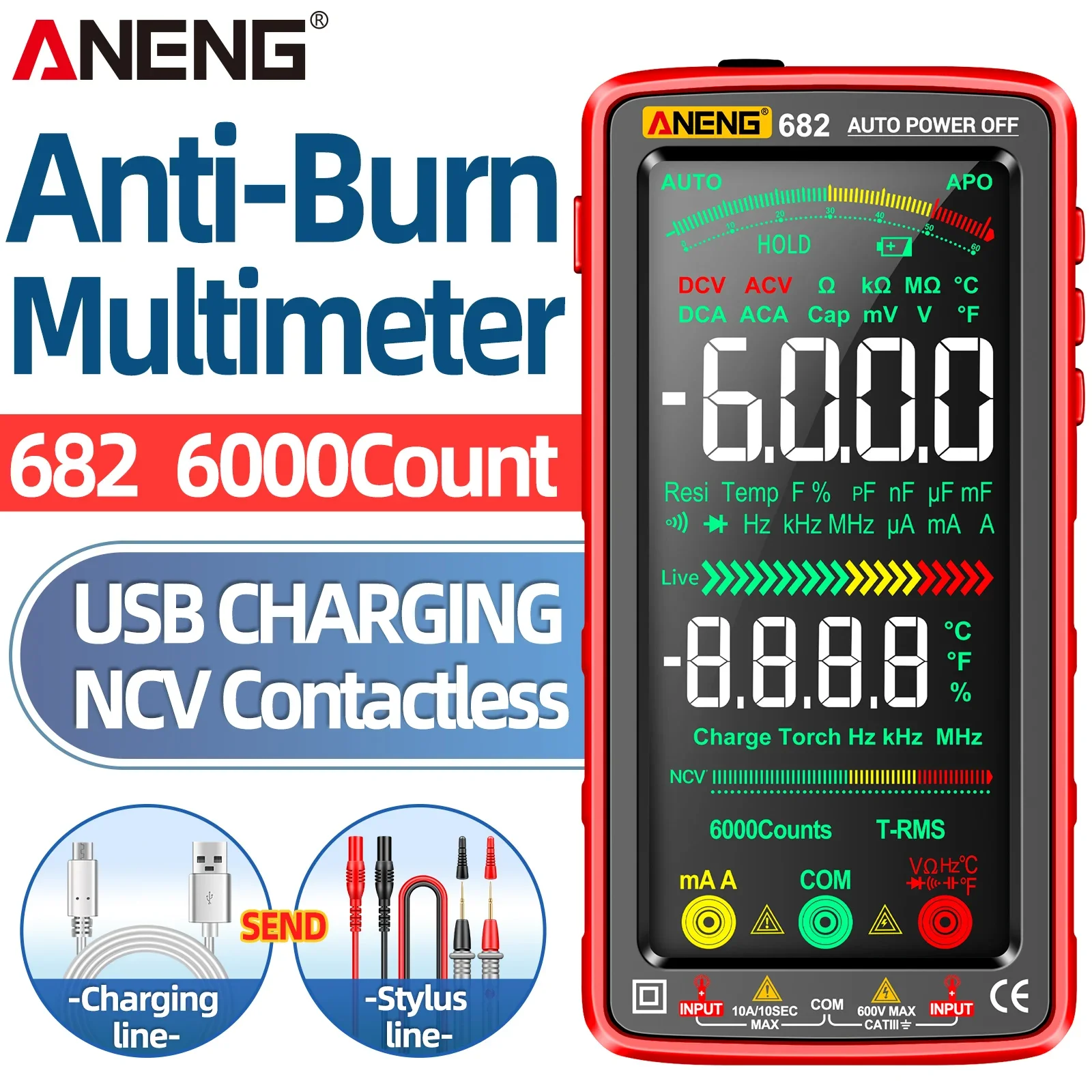 ANENG 682 Digital Multimeter 6000 Counts NCV AC/DC 1000V 10A Resistance Capacitance Temperature Flashlight Electrician Tester