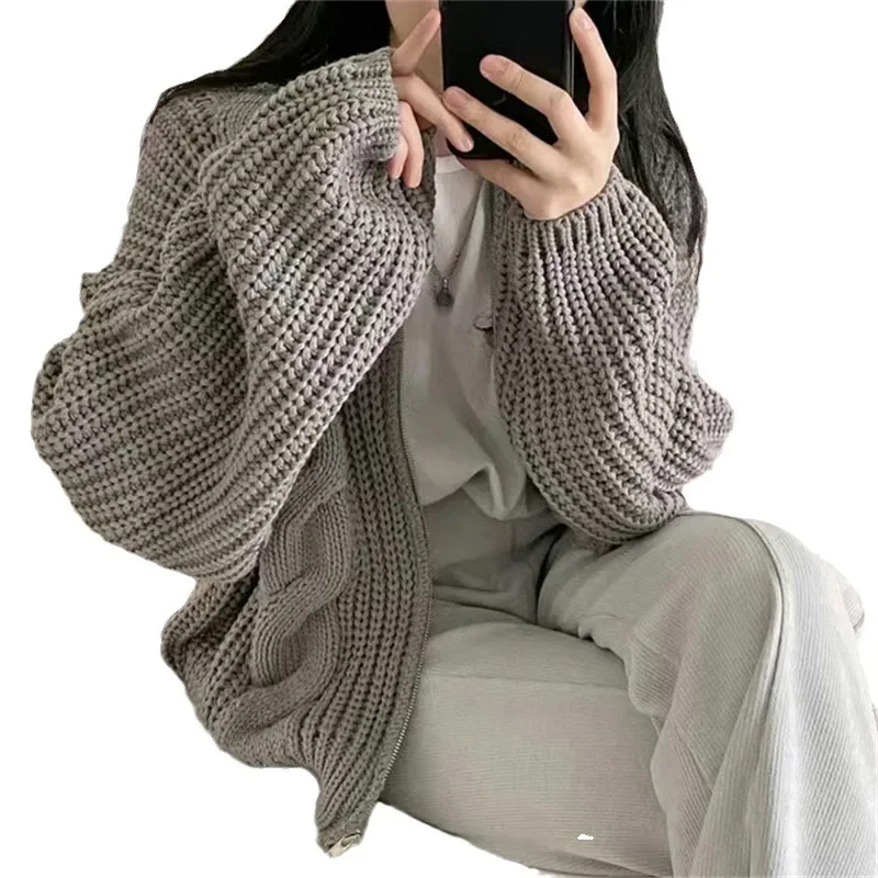 Autumn Winter New Vintage Lazy Loose Zipper Sweater Coat Women's Coarse Knitted Cardigan