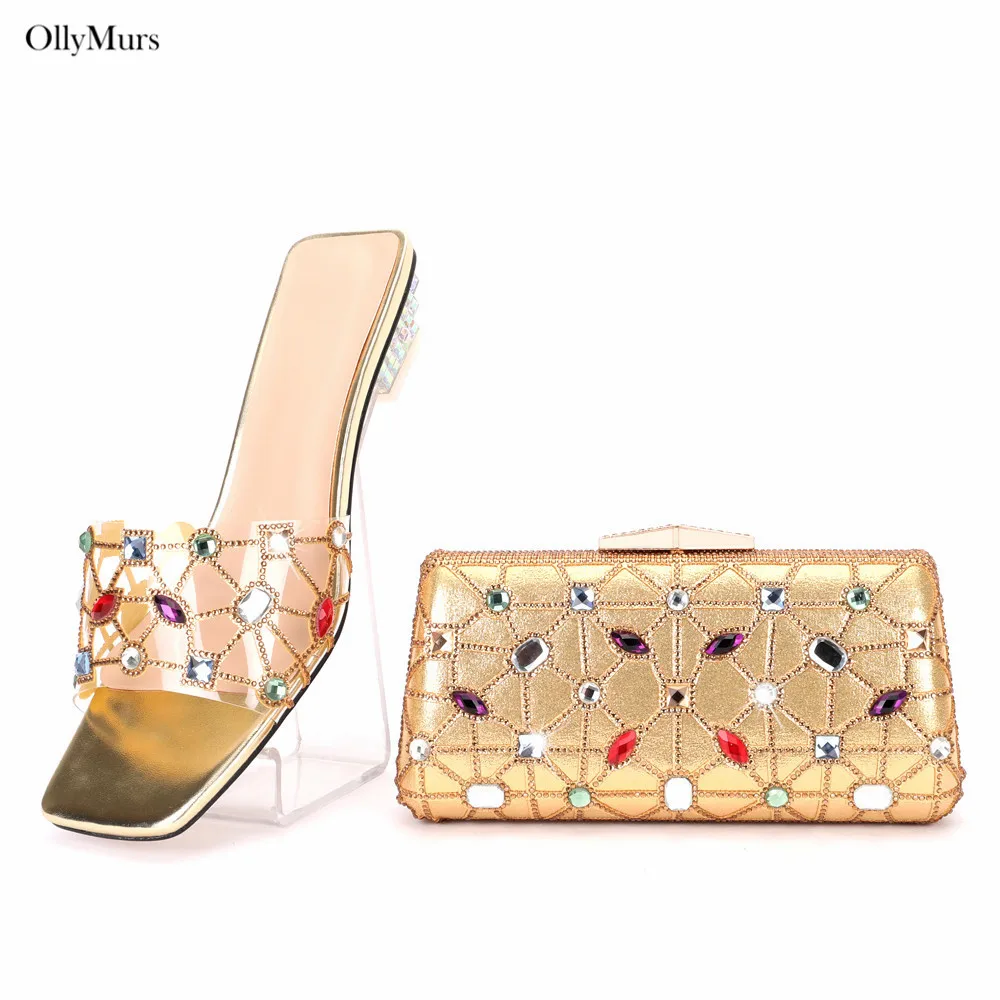 

Нигерийские женские туфли-лодочки из искусственной кожи со стразами, комплект обуви и кошелька, летние африканские туфли на высоком каблуке с сумкой, комплект для вечеринки