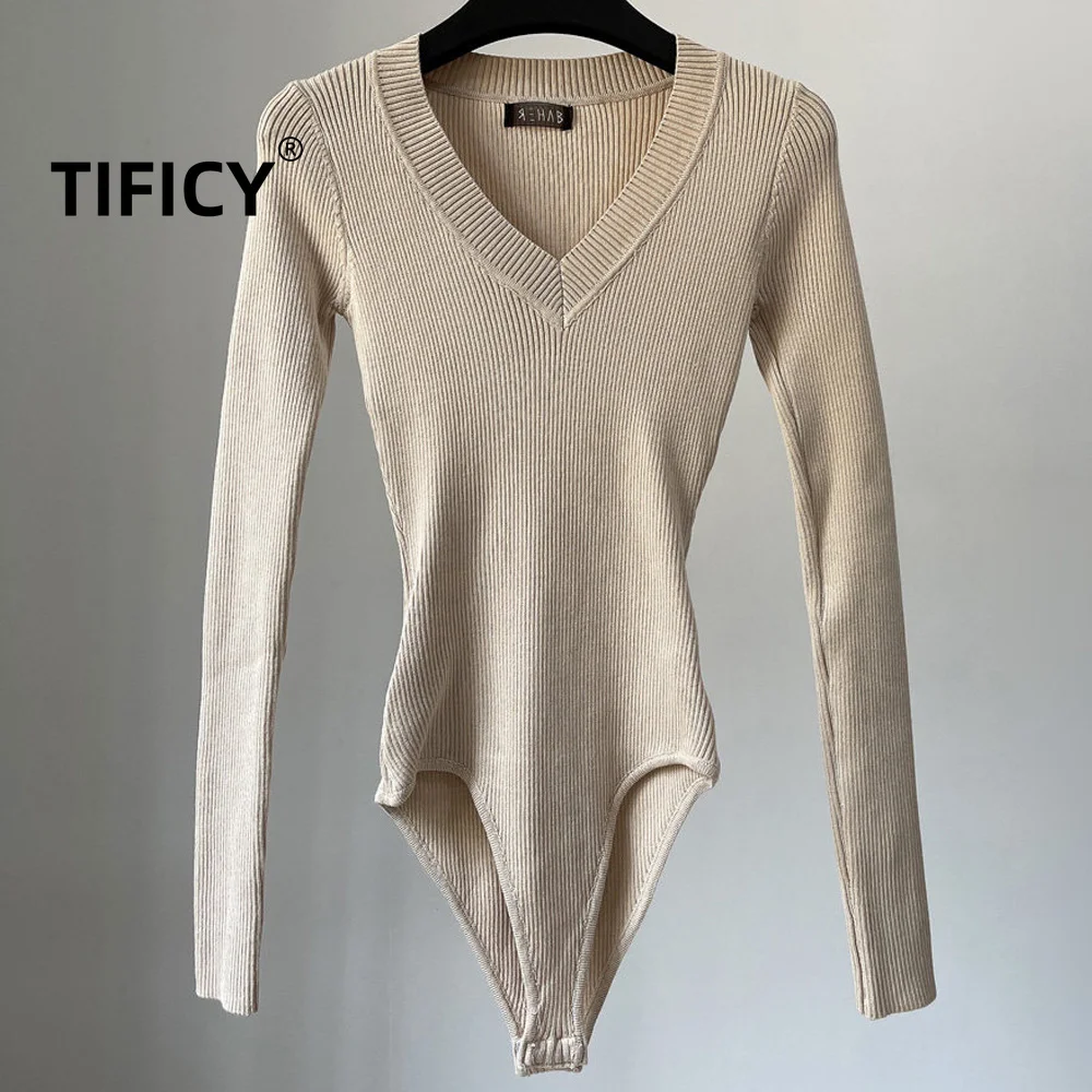High Street Bodysuit Women's Tight Elastic Knit Knit Sexy Deep V-neck Inner Long Sleeved Base Jumpsuit Top