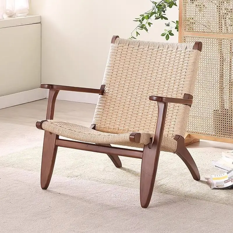 كرسي بذراعين منسوج من الخشب الصلب، كرسي أريكة فردي بسيط لغرفة المعيشة المنزلية والشرفة | كرسي مسند الظهر المريح كسول #4