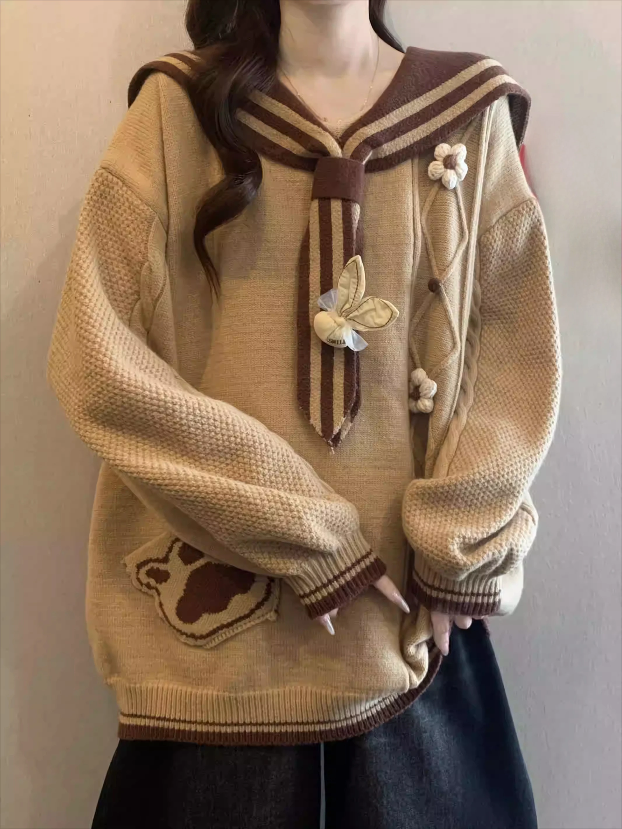 جديد كبير الحجم الخريف الحلو البحرية طوق طويلة الأكمام محبوك أعلى الحد من العمر كلية فضفاضة تنوعا اليابانية سترة المرأة