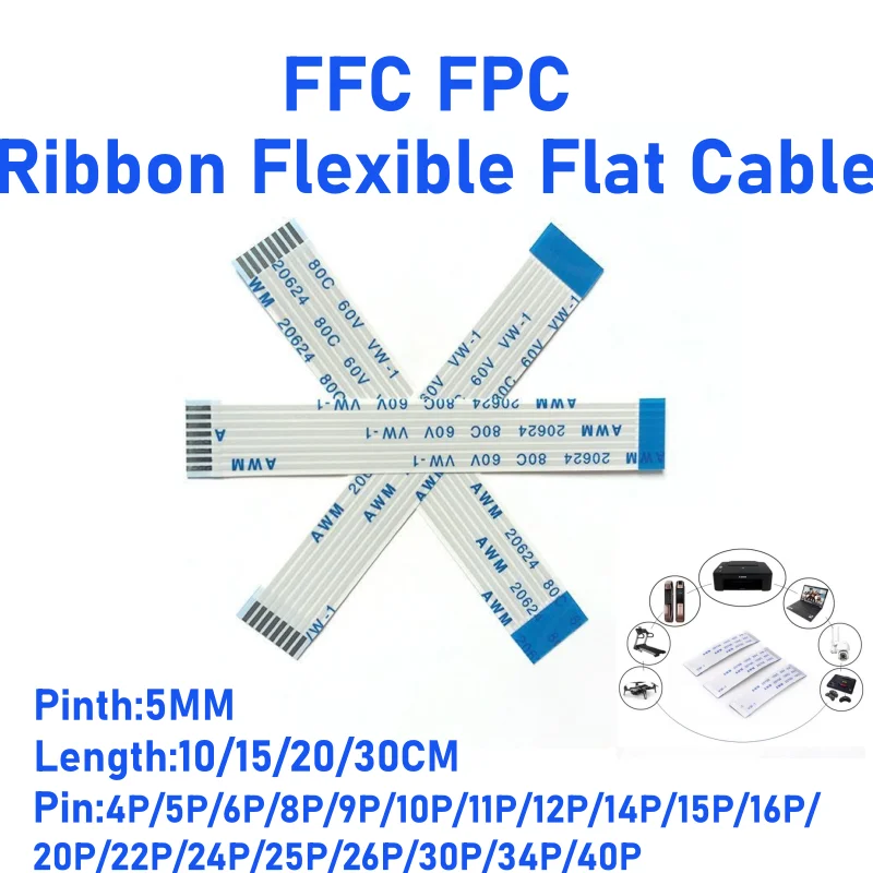 10PCS Cabo de Conexão Flexível FFC/FPC Plano 0.5MM 6/8/10/12/24/30/40P Direção para Frente/Reversa 10/15/20/30CM