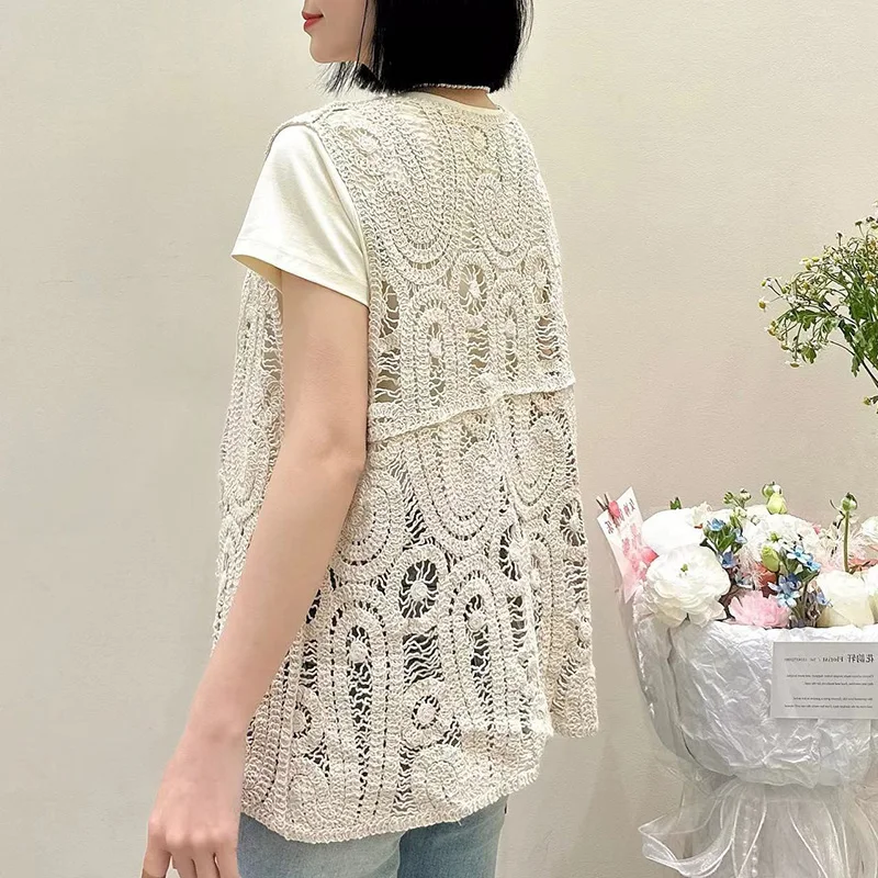 Gilet pour femme, design coloré, confortable et élégant, décontracté, crochet fleuri, été, nouveau, polyvalent, haut ajouré