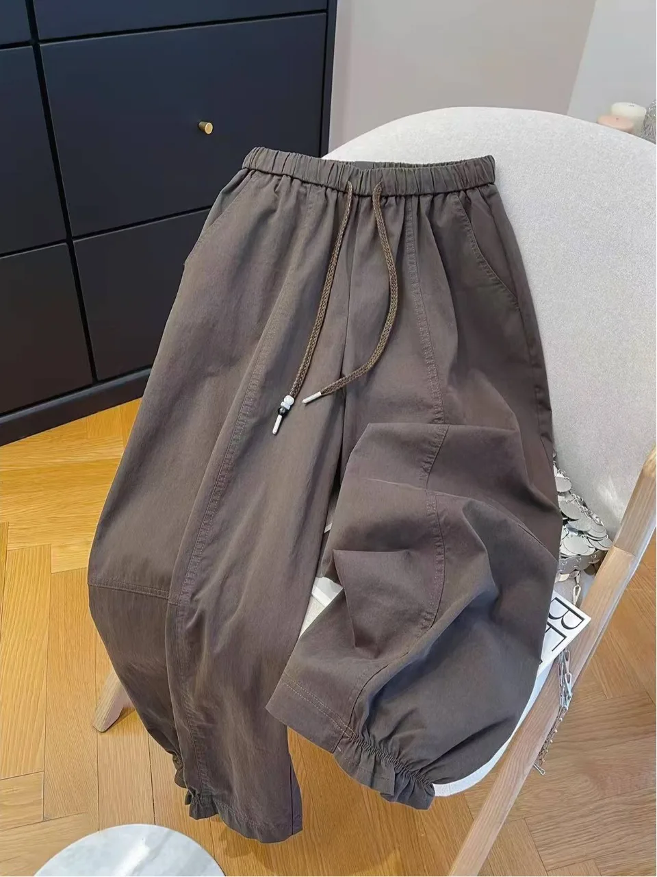 Women's Casual Trousers Early Autumn Loose Fit Drawstring Elastic Waist  Color Skin-friendly Harlan Workwear Style