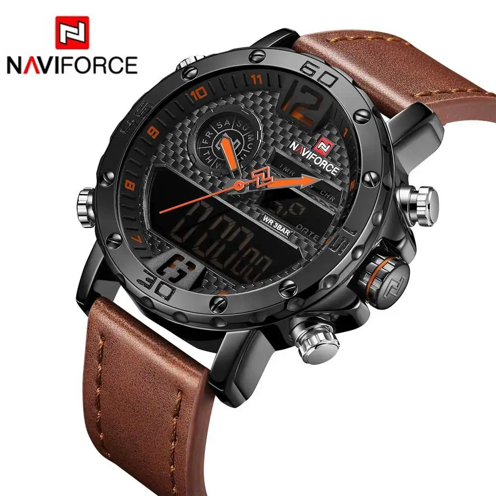 NAVIFORCE NF9134 western dongguan man watch original Leather Strap 2 time zone chronometer water resist Calendar wristwatch set