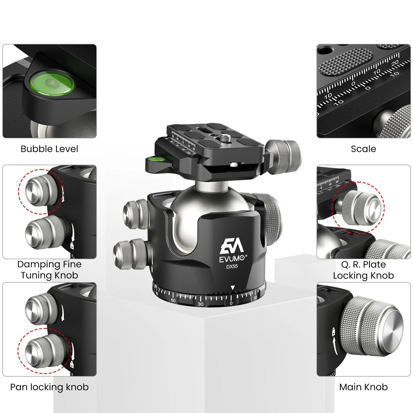 EVUMO DX55 professionnel 55mm grande rotule basse profil panoramique vidéo rotule avec pince Picatinny Arca plaque suisse charge 40kg