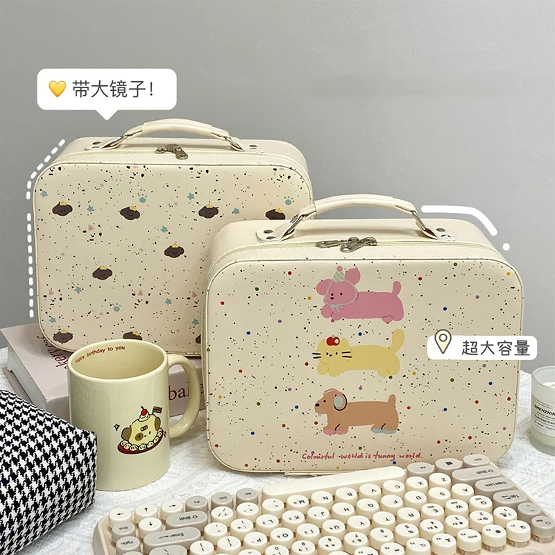 

New PU Leather Makeup Case Large Capacity with Mirror Cosmetic Pouch Portable Cute Puppy Print Cosmetic Box Traveling Makeup Box