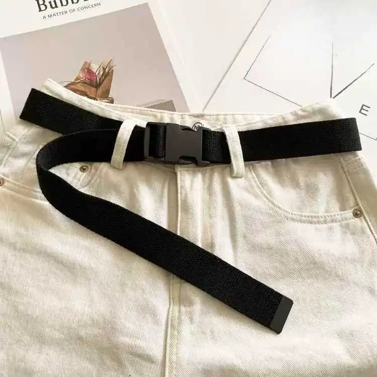 Canvas Belt Metal Automatic Buckle Plastic Buckle White Belt Men's Security Check Waist Belt Metal Self-Adhesive Belt