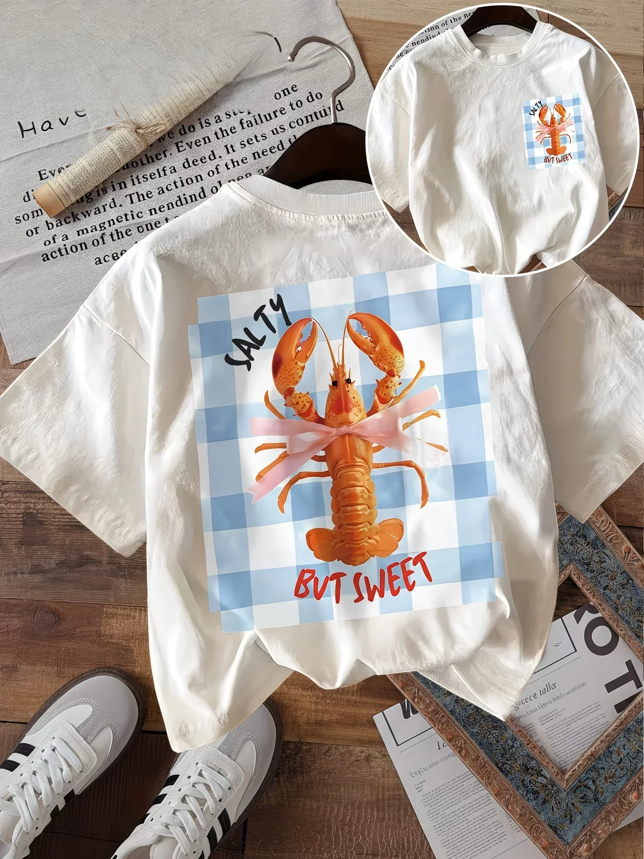 Blue Plaid Lobster Graphic T Shirt Women Salty But Sweet Print Tee Summer Casual Retro Aesthetic Harajuku Streetwear Style Top