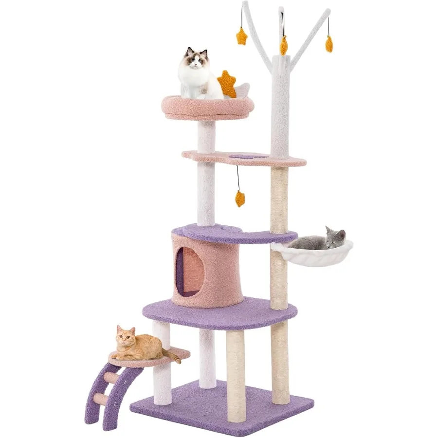 

62 Inch Tall Star and Moon-Themed Multi-Level Modern Cat Tree Tower with Sisal Scratching Posts Cat Condo Featuring Side Hammoc