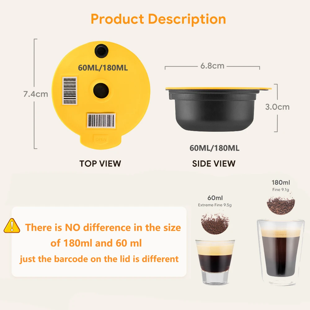 200/220ml Reusable Coffee Capsule Pods Coffee Capsule Pod Silicone Lid Compatible with Bosch Happy Suny Vivy Tassimo 60/180ml