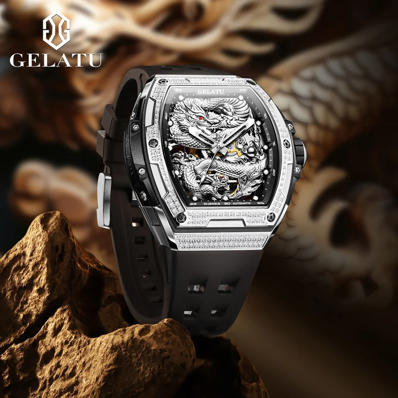 GELATU 6021 Hollow Dragon นาฬิกาอัตโนมัติเต็มรูปแบบนาฬิกาข้อมือเพชรสายซิลิโคนกันน้ํานาฬิกาผู้ชาย